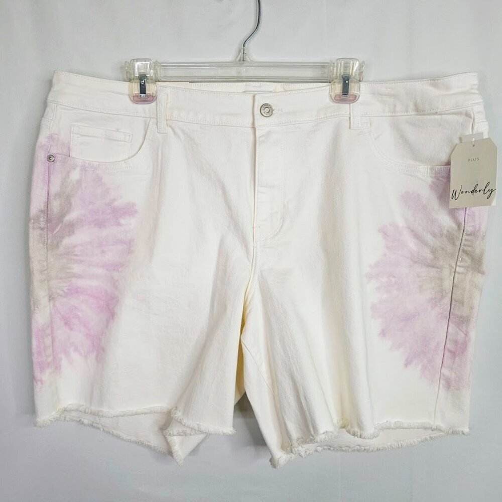 NWT WONDERLY High Rise Jean Shorts plus size 20W WHITE w PURPLE TIE DYE Denim - Picture 2 of 10